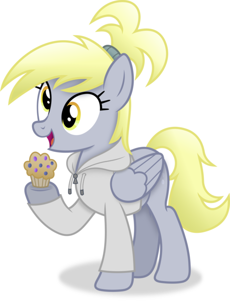 Size: 3191x4184 | Tagged: safe, artist:anime-equestria, derpibooru import, derpy hooves, pegasus, pony, alternate hairstyle, clothes, female, food, happy, hoodie, image, mare, muffin, png, ponytail, simple background, solo, transparent background, vector, wings
