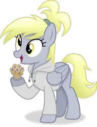 Size: 3191x4184 | Tagged: safe, artist:anime-equestria, derpibooru import, derpy hooves, pegasus, pony, alternate hairstyle, clothes, female, food, happy, hoodie, image, mare, muffin, png, ponytail, simple background, solo, transparent background, vector, wings