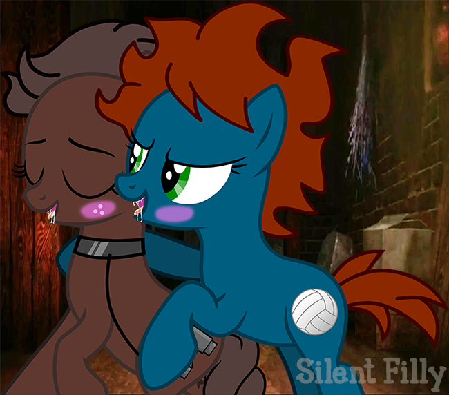 Size: 650x572 | Tagged: suggestive, artist:sadhikkaru, artist:silentfilly, derpibooru import, oc, unofficial characters only, earth pony, background, base used, basement, blushing, collar, dog collar, domination, earth pony oc, eyes closed, female, females only, femdom, femsub, image, lesbian, licking, neck licking, oc x oc, open mouth, png, salivating, shipping, submissive, tongue out, watermark