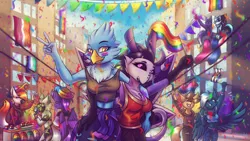 Size: 5760x3240 | Tagged: safe, artist:shad0w-galaxy, derpibooru import, oc, oc:shadow galaxy, oc:vivid tone, anthro, bird, cyborg, fox, insect, jackal, moth, pegasus, phoenix, anthro oc, belly button, bisexual pride flag, blushing, clothes, commission, confetti, detailed background, flag, food, furry, furry oc, gay pride flag, high res, image, lesbian pride flag, looking at each other, looking at someone, open mouth, pansexual pride flag, pegasus oc, png, pride, pride flag, pride month, protogen, smiling, spread wings, transgender pride flag, wings