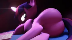 Size: 1280x720 | Tagged: suggestive, artist:extrachunkthis, derpibooru import, twilight sparkle, unicorn, 3d, bed, book, butt, comfy, glow, glowing eyes, glowing horn, horn, image, laying on bed, lying, lying down, on bed, plot, png, source filmmaker, twibutt, unicorn twilight