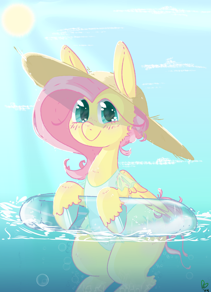 Size: 1000x1385 | Tagged: safe, artist:pagophasia, derpibooru import, fluttershy, pegasus, pony, alternate hairstyle, blushing, bubble, clothes, cloud, colored hooves, crepuscular rays, cute, cutie mark eyes, daytime, derpibooru exclusive, eye reflection, female, hair bun, hat, image, impossibly long eyelashes, inner tube, looking at you, partially submerged, png, pool toy, reflection, shyabetes, smiling, smiling at you, solo, straw hat, summer, sun, sun hat, swimming, swimsuit, underwater, unshorn fetlocks, water, wet, wingding eyes, wings