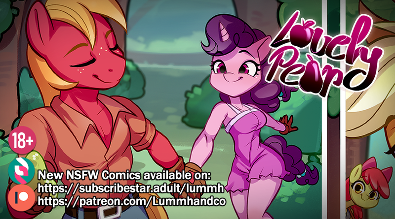 Size: 1000x556 | Tagged: suggestive, artist:chocokangoo, artist:lummh, artist:tomi_ouo, derpibooru import, apple bloom, applejack, big macintosh, sugar belle, anthro, earth pony, unicorn, comic:lovely pear, advertisement, clothes, duo, duo male and female, female, holding hands, image, looking at each other, looking at someone, male, png, smiling, smiling at each other, subscribestar, subscribestar preview
