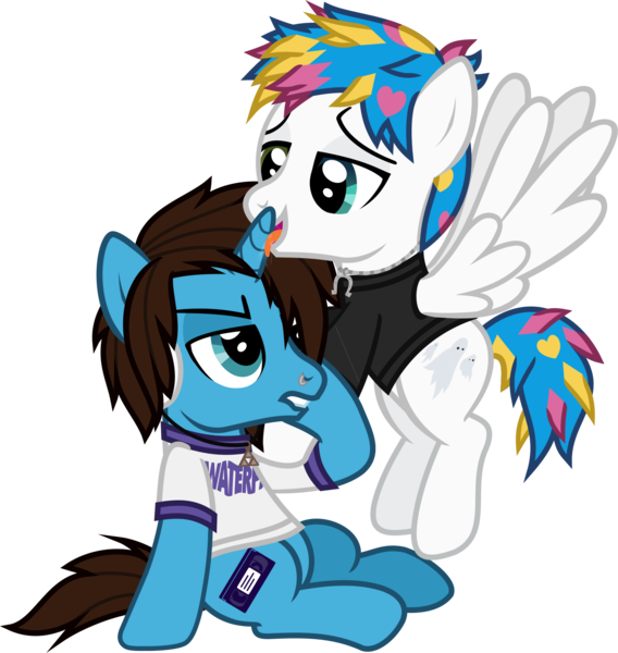 Size: 1420x1500 | Tagged: safe, artist:lightningbolt, derpibooru import, ponified, pegasus, pony, unicorn, .svg available, annoyed, awsten knight, clothes, derpibooru exclusive, drool, duo, duo male, dyed mane, dyed tail, flying, geoff wigington, grabbing, heterochromia, holding hooves, horn, horn licking, hornjob, horseshoes, image, jewelry, licking, lidded eyes, lip bite, male, necklace, nose piercing, open mouth, piercing, png, shirt, show accurate, sitting, spread wings, stallion, t-shirt, tail, tongue out, vector, waterparks, wings