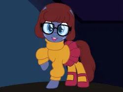 Size: 1925x1444 | Tagged: safe, artist:badumsquish, derpibooru import, star tracker, earth pony, pony, :d, alternate hair color, alternate hairstyle, alternate tailstyle, clothes, cosplay, costume, crossdressing, crossplay, derpibooru exclusive, dork, freckles, glasses, image, looking at you, male, open mouth, open smile, png, raised hoof, sandals, scooby doo, show accurate, skirt, smiling, socks, solo, stallion, starcrossed, sweater, tail, turtleneck, velma dinkley