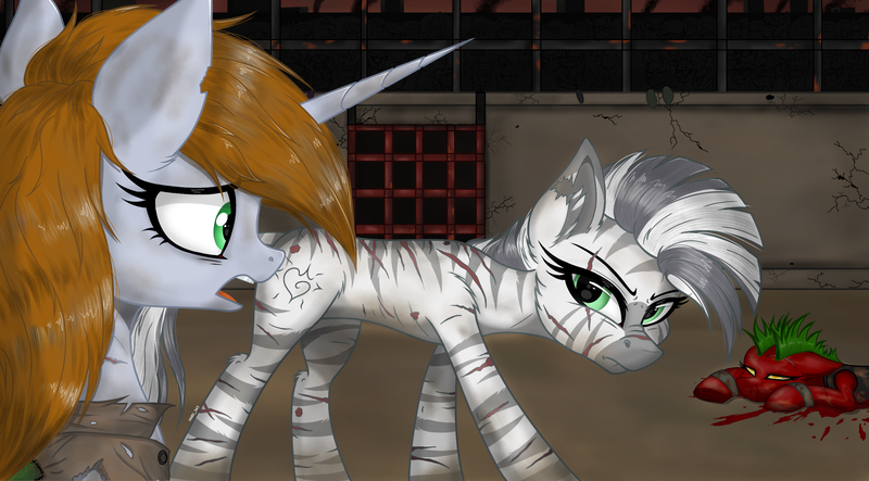 Size: 2438x1350 | Tagged: semi-grimdark, artist:hard_343, derpibooru import, oc, oc:littlepip, oc:xenith, unofficial characters only, earth pony, pony, unicorn, zebra, fallout equestria, arena, blood, brown mane, clothes, dead, dirty, fence, fillydelphia, gate, green eyes, green mane, image, injured, open mouth, png, raider, red body, scratches, shackles, shocked, striped mane, yellow eyes