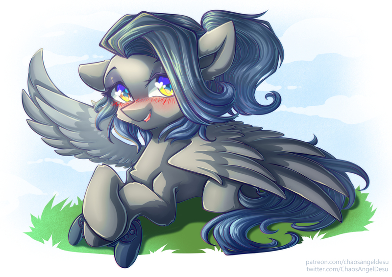 Size: 4961x3508 | Tagged: safe, artist:chaosangeldesu, derpibooru import, oc, pegasus, pony, blushing, commission, cute, female, image, jpeg, looking at you, mare, simple background, smiling, smiling at you, solo, spread wings, wings