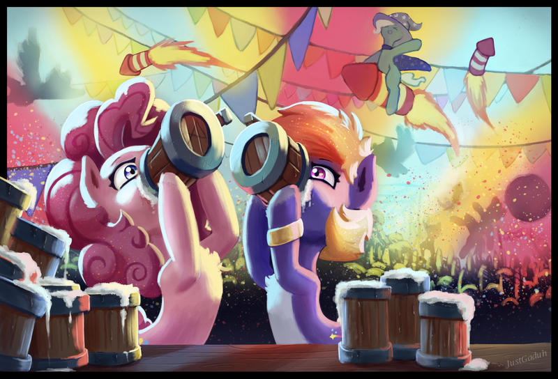 Size: 2500x1700 | Tagged: safe, artist:justgaduh, derpibooru import, pinkie pie, rainbow dash, trixie, pony, cider, drinking, image, png, rocket