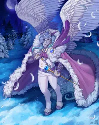Size: 1710x2155 | Tagged: safe, derpibooru import, oc, oc:prince plushy soft, unofficial characters only, alicorn, anthro, cape, clothes, fluffy, gay, hunk, image, jewelry, male, png, snow, staff, wings, wrist cuffs