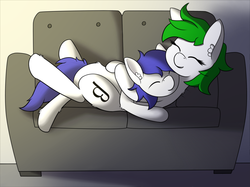 Size: 4000x3000 | Tagged: safe, artist:polynya, oc, oc:beta, oc:delta, unofficial characters only, earth pony, brother and sister, couch, cuddling, cute, earth pony oc, eyes closed, female, image, male, png, siblings, smiling