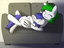 Size: 4000x3000 | Tagged: safe, artist:polynya, oc, oc:beta, oc:delta, unofficial characters only, earth pony, couch, cuddling, cute, earth pony oc, eyes closed, image, png, smiling