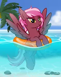 Size: 3990x5045 | Tagged: suggestive, artist:bnau, derpibooru import, oc, oc:zeny, unofficial characters only, pegasus, pony, beach, bedroom eyes, bikini, bikini bottom, chest fluff, clothes, cute, ear fluff, fangs, female, floating, image, inner tube, looking at you, mare, ocean, palm tree, panties, png, pool toy, smiling, smiling at you, solo, spread wings, summer, swimming, swimsuit, tree, underwear, water, wings