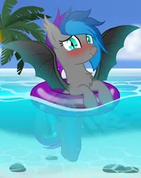 Size: 3990x5045 | Tagged: suggestive, artist:bnau, derpibooru import, oc, oc:lyssa, unofficial characters only, bat pony, pony, beach, bedroom eyes, bikini, bikini bottom, chest fluff, clothes, cute, ear fluff, fangs, female, floating, image, inner tube, looking at you, mare, ocean, palm tree, panties, png, pool toy, smiling, smiling at you, solo, spread wings, summer, swimming, swimsuit, tree, underwear, water, wings