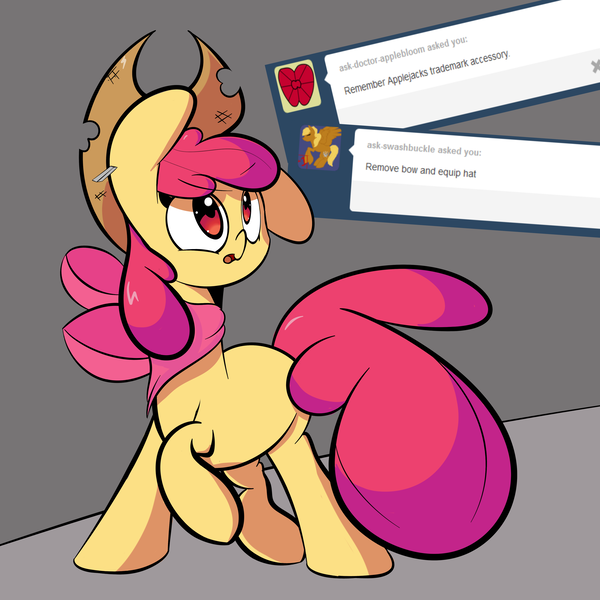 Size: 4000x4000 | Tagged: safe, artist:turtlefarminguy, apple bloom, earth pony, pony, ask, bandana, cowboy hat, female, filly, hat, image, looking up, one leg raised, open mouth, png, solo, tumblr