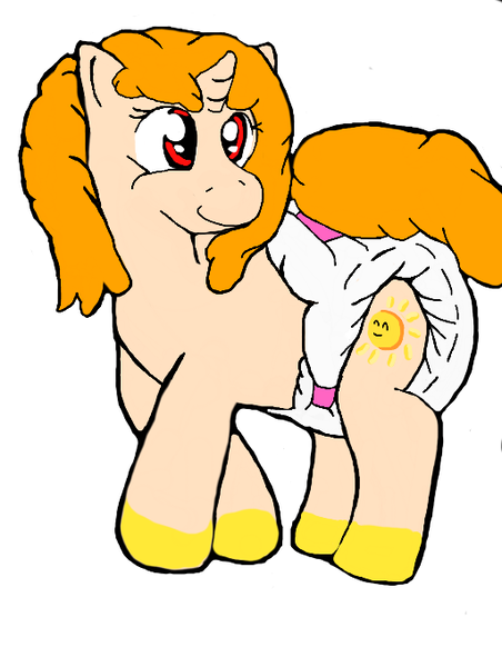 Size: 512x680 | Tagged: suggestive, artist:cavewolfphil, derpibooru import, oc, unicorn, diaper, diaper fetish, female, fetish, image, non-baby in diaper, png, poofy diaper, simple background, standing, white background
