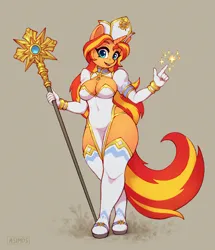 Size: 1718x2000 | Tagged: suggestive, artist:asimos, derpibooru import, sunset shimmer, anthro, unicorn, absolute cleavage, breasts, busty sunset shimmer, cleavage, cleric, female, hoof sandals, hooves, image, png, sandals, solo, solo female, staff, wide hips