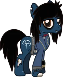 Size: 938x1142 | Tagged: safe, artist:ponygamer2020, derpibooru import, oc, ponified, ponified:oliver sykes, earth pony, ghoul, pony, undead, zombie, zombie pony, fallout equestria, bags under eyes, bloodshot eyes, bone, boots, bring me the horizon, clothes, colored pupils, decaying, derpibooru exclusive, drop dead clothing, emo, eyeliner, eyeshadow, fallout, fangs, frown, gloves, hair over one eye, image, jumpsuit, lidded eyes, lip piercing, long sleeves, looking at you, makeup, male, messy mane, messy tail, patch, piercing, pipboy, png, raised hoof, scar, shirt, shoes, show accurate, simple background, smiling, socks, solo, stallion, standing, stitches, tail, tattered, tattoo, torn clothes, torn ear, torn flesh, transparent background, undershirt, vault suit, vector, zipper