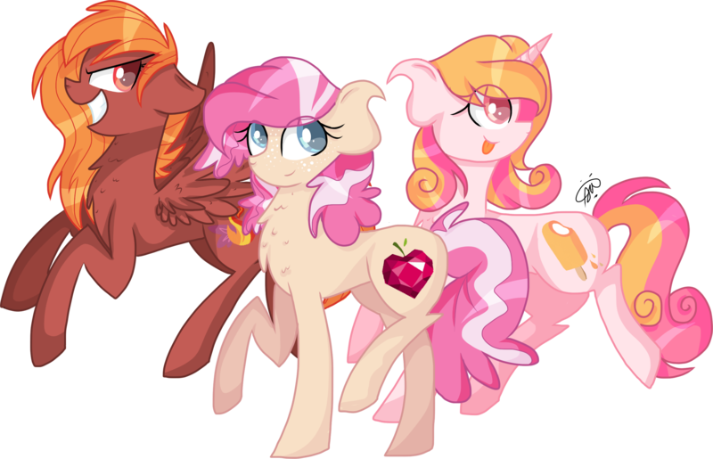 Size: 2646x1705 | Tagged: safe, artist:gallantserver, derpibooru import, oc, oc:magdalena, oc:orange crush, oc:torch, unofficial characters only, earth pony, pegasus, pony, unicorn, female, image, magical lesbian spawn, mare, offspring, parent:apple bloom, parent:diamond tiara, parent:scootaloo, parent:sweetie belle, parents:diamondbloom, parents:scootabelle, png, simple background, transparent background