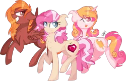 Size: 2646x1705 | Tagged: safe, artist:gallantserver, derpibooru import, oc, oc:magdalena, oc:orange crush, oc:torch, unofficial characters only, earth pony, pegasus, pony, unicorn, female, image, magical lesbian spawn, mare, offspring, parent:apple bloom, parent:diamond tiara, parent:scootaloo, parent:sweetie belle, parents:diamondbloom, parents:scootabelle, png, simple background, transparent background