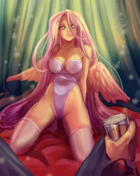 Size: 1024x1280 | Tagged: suggestive, artist:dina_kyo, derpibooru import, discord, fluttershy, human, breasts, busty fluttershy, chocolate, chocolate milk, clothes, crystal, female, food, glass, humanized, image, implied discord, implied discoshy, implied shipping, implied straight, jpeg, male, milk, offscreen character, painting, shining, solo, suit, traditional art, winged humanization, wings