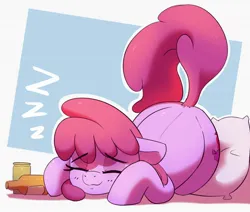 Size: 1782x1508 | Tagged: safe, artist:pabbley, derpibooru import, berry punch, berryshine, earth pony, pony, bottle, cute, eyebrows, eyebrows visible through hair, eyes closed, female, image, jpeg, lying down, mare, onomatopoeia, passepartout, pillow, simple background, smiling, solo, sound effects, white background, zzz