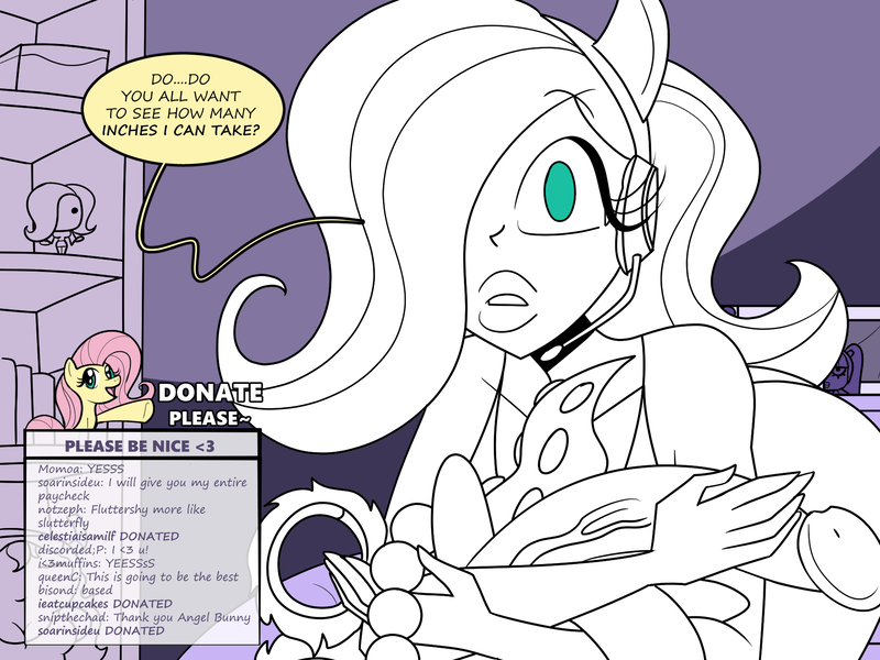 Size: 1800x1350 | Tagged: questionable, artist:chillguydraws, artist:thicc-verse, derpibooru import, fluttershy, human, anal beads, dialogue, dildo, female, fuzzy handcuffs, hair over one eye, headset, horsecock dildo, humanized, image, imminent masturbation, partial color, png, sex toy, solo, solo female, speech bubble, streaming, talking to viewer