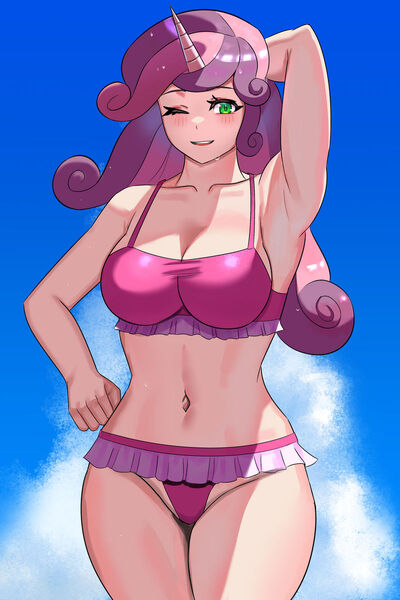 Size: 800x1200 | Tagged: suggestive, artist:tzc, derpibooru import, sweetie belle, human, armpits, belly button, bikini, bikini bottom, bikini top, blushing, breasts, busty sweetie belle, clothes, female, horn, horned humanization, humanized, image, jpeg, older, older sweetie belle, one eye closed, open mouth, solo, solo female, swimsuit, wink