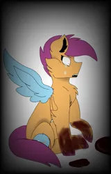 Size: 638x1000 | Tagged: semi-grimdark, artist:saraali-19, derpibooru import, scootaloo, pegasus, pony, blood, blood on hoof, blood stains, crying, ear fluff, female, image, implied murder, looking down, open mouth, png, rainbow dash's wings, shocked, shrunken pupils, sitting, solo, tears of shock