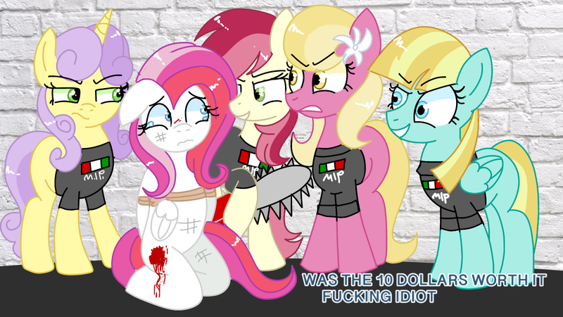 Size: 1280x720 | Tagged: grimdark, artist:mlpcartel, derpibooru import, diamond rose, helia, lily, lily valley, roseluck, sunshine petals, chainsaw, execution, gang, image, implied decapitation, png, punishment, vulgar