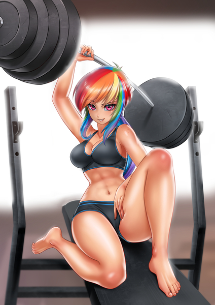 Size: 2827x4000 | Tagged: suggestive, artist:racoonsan, derpibooru import, edit, rainbow dash, human, barbell, breasts, busty rainbow dash, humanized, image, jpeg, looking at you, ridiculous, strong, super strength, weight lifting, weights, workout, workout outfit