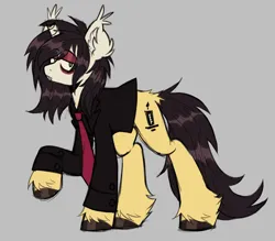 Size: 2341x2050 | Tagged: safe, artist:mxmx fw, derpibooru import, ponified, bat pony, bat pony unicorn, hybrid, pony, unicorn, broken horn, clothes, ear fluff, emo, fangs, gerard way, hair over one eye, hoof polish, horn, image, jpeg, looking at you, makeup, my chemical romance, solo, suit, three cheers for sweet revenge, unshorn fetlocks