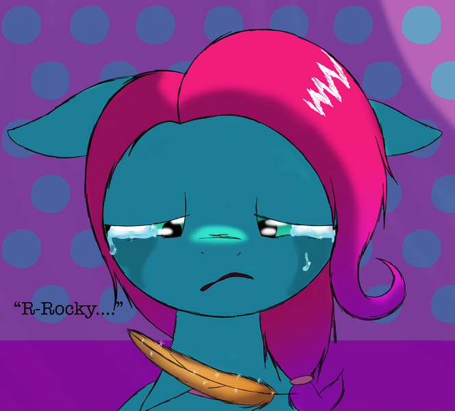 Size: 1700x1536 | Tagged: safe, artist:the crystal artist, banned from derpibooru, deleted from derpibooru, derpibooru import, earth pony, pony, g5, crying, derpibooru exclusive, description is relevant, dialogue, feather, female, floppy ears, image, implied death, implied rocky, jazz hooves, looking at someone, looking at something, looking down, mane melody (location), mare, missing accessory, partly closed eyes, png, possible death, raised hoof, sad, solo, story included, text