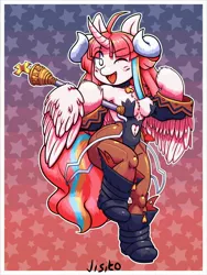 Size: 3072x4096 | Tagged: safe, artist:jisito, derpibooru import, oc, oc:nekonin, alicorn, arm hooves, boots, breasts, chest fluff, clothes, collar, cosplay, costume, demon horns, disgaea, femboy, horns, image, jpeg, leotard, male, pantyhose, scepter, shoes