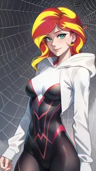 Size: 864x1536 | Tagged: safe, derpibooru import, machine learning assisted, machine learning generated, novelai, stable diffusion, sunset shimmer, human, ai content, bodysuit, breasts, clothes, cosplay, costume, gradient background, hood, hoodie, humanized, image, looking at you, marvel, marvel cinematic universe, png, prompter:sammykun, reasonably sized breasts, short hair, solo, spider web, spider-gwen, standing, superhero