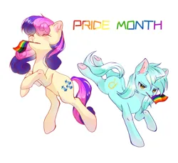 Size: 2570x2362 | Tagged: source needed, safe, artist:蝶琏, derpibooru import, bon bon, lyra heartstrings, sweetie drops, earth pony, pony, unicorn, eyebrows, eyebrows visible through hair, eyes closed, female, image, lesbian, lesbian pride flag, lgbt, lyrabon, mouth hold, mouthpiece, png, pride, pride flag, pride month, shipping, simple background, underhoof, white background