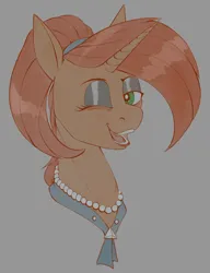 Size: 920x1200 | Tagged: safe, artist:stray prey, derpibooru import, stellar flare, pony, unicorn, bags under eyes, bust, eyeshadow, image, jewelry, lidded eyes, looking at you, makeup, necklace, one eye closed, open mouth, open smile, pearl necklace, png, smiling, smiling at you, solo, traditional art, wink, winking at you