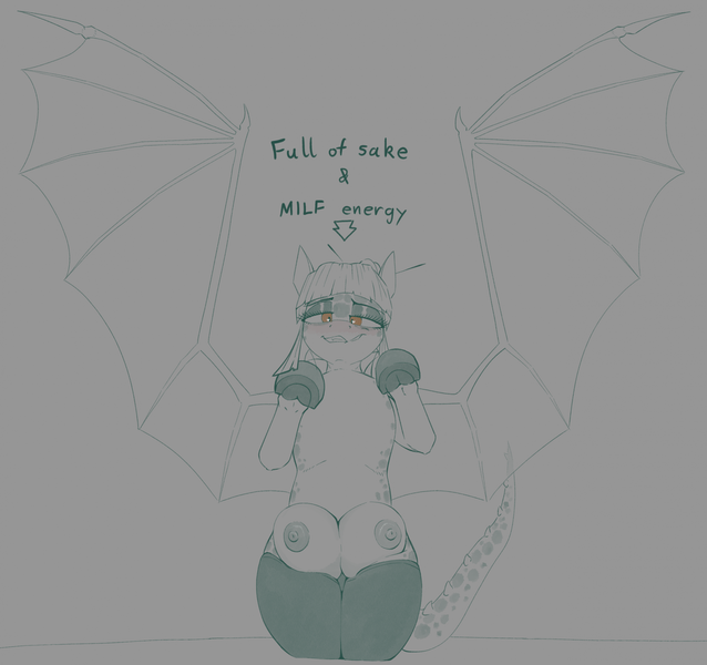 Size: 1979x1862 | Tagged: questionable, artist:stray prey, derpibooru import, oc, oc:jasmine threads, unofficial characters only, dracony, dragon, hybrid, pony, bedroom eyes, big crotchboobs, blushing, clothes, crotchboobs, drunk, female, image, lidded eyes, looking at you, nipples, nudity, png, smiling, socks, solo, solo female, spread wings, thigh highs, underhoof, wings