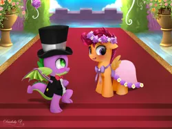 Size: 2400x1800 | Tagged: safe, artist:darksly, derpibooru import, scootaloo, spike, dragon, pegasus, pony, bridesmaid dress, clothes, commission, dress, duo, duo male and female, female, filly, floral head wreath, flower, foal, hat, image, jpeg, male, scootaspike, shipping, straight, top hat, winged spike, wings
