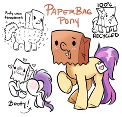 Size: 3127x3017 | Tagged: safe, artist:opalacorn, derpibooru import, oc, oc:paper bag, unofficial characters only, pegasus, pony, bag, butt, butt blush, female, fluffy, image, jpeg, mare, name, paper bag, plot, simple background, solo, text, white background