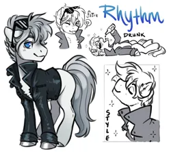 Size: 3693x3279 | Tagged: safe, artist:opalacorn, derpibooru import, oc, oc:rhythm, unofficial characters only, earth pony, pony, alcohol, bottle, clothes, drink, drinking, drunk, grin, image, jacket, jpeg, leather, leather jacket, looking at you, male, one eye closed, simple background, smiling, smiling at you, solo, sparkles, stallion, sunglasses, sunglasses on head, white background, wink, winking at you