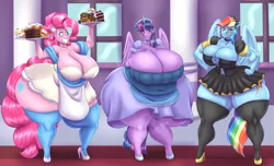 Size: 3744x2276 | Tagged: suggestive, artist:blues64, derpibooru import, pinkie pie, rainbow dash, twilight sparkle, twilight sparkle (alicorn), alicorn, anthro, earth pony, pegasus, pony, unguligrade anthro, big breasts, breasts, busty pinkie pie, busty rainbow dash, busty twilight sparkle, clothes, female, huge breasts, hyper, hyper breasts, image, impossibly large breasts, maid, mare, muscles, muscular female, pinkie maid, png, rainbow maid, rainbuff dash, smiling, twimaid, wide hips
