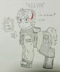 Size: 3268x3900 | Tagged: safe, artist:cap_watching, derpibooru import, unicorn, armor, armored pony, clipboard, deaf, image, jpeg, kelvin, pencil drawing, son of the forest, traditional art