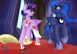 Size: 1280x891 | Tagged: suggestive, artist:leon_zi, derpibooru import, princess luna, twilight sparkle, twilight sparkle (alicorn), alicorn, anthro, pony, anthro with ponies, chest fluff, clothes, coronation dress, crown, dress, ethereal mane, ethereal tail, folded wings, hallway, hoof shoes, hooves, image, imminent crushing, imminent death, indoors, jewelry, jpeg, leg fluff, looking at each other, looking at someone, low angle, macro/micro, micro, peytral, ponies wearing clothes, princess shoes, raised hoof, regalia, running away, size difference, sternocleidomastoid, tail, this will end in death, tiny anthro, trio, walking, wings