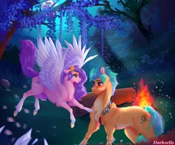 Size: 3058x2538 | Tagged: safe, artist:queendarkselis, derpibooru import, hitch trailblazer, pipp petals, earth pony, pegasus, pony, g5, blushing, campfire, duo, duo male and female, female, flying, high res, hitchpipp, hoof on chest, image, looking at each other, looking at someone, male, mare, png, realistic horse legs, shipping, signature, spread wings, straight, wings