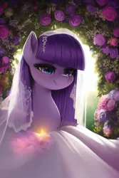 Size: 2048x3072 | Tagged: safe, derpibooru import, machine learning generated, stable diffusion, maud pie, earth pony, pony, ai content, clothes, cute, dress, flower, generator:ponydiffusion, image, marriage, maudabetes, png, solo, wedding, wedding dress, wedding veil
