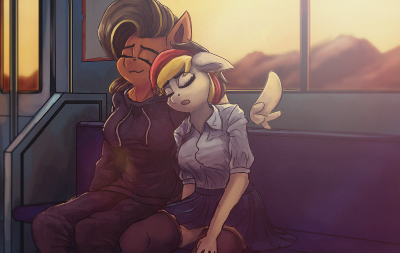 Size: 1037x656 | Tagged: safe, artist:ryanmandraws, derpibooru import, oc, oc:anja snow, anthro, anthro oc, clothes, female, females only, highlights, hoodie, image, png, skirt, sleepy, sunset, train, wholesome