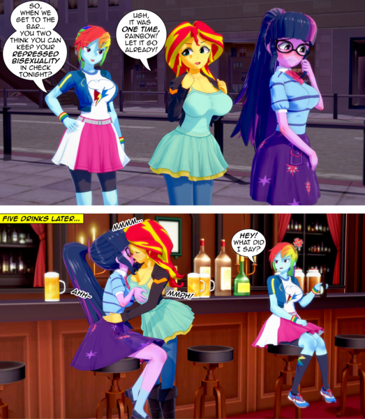 Size: 3840x4406 | Tagged: questionable, artist:misunderstoodsecrets, derpibooru import, rainbow dash, sci-twi, sunset shimmer, twilight sparkle, equestria girls, 3d, big breasts, breasts, busty rainbow dash, busty sunset shimmer, busty twilight sparkle, comic, female, grope, image, kissing, koikatsu, lesbian, making out, png, scitwishimmer, shipping, sunsetsparkle