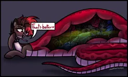 Size: 2760x1656 | Tagged: suggestive, artist:sadfloorlamp, derpibooru import, oc, oc:swift dawn, oc:torsher, unofficial characters only, changeling, hybrid, lamia, original species, pony, snake, abdominal bulge, blue changeling, blushing, bulges, changeling oc, collar, dialogue, ear fluff, eaten alive, endosoma, eyelashes, eyes closed, fangs, female, female pred, female predator, fetish, forked tongue, gray background, hoof on face, hooves, horn, image, internal, long tongue, looking at self, male, male prey, mare, non-fatal vore, open mouth, oral vore, pale belly, png, raised hoof, raised hooves, simple background, soft vore, spiked collar, stomach, stomach acid, talking, tongue out, vore, willing prey, x-ray