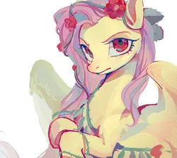 Size: 1791x1596 | Tagged: safe, artist:湮浊湮于浊, derpibooru import, fluttershy, pegasus, pony, angry, female, flower, image, long mane, looking at you, mare, png, solo, wings
