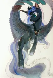 Size: 2749x4037 | Tagged: safe, artist:湮浊湮于浊, derpibooru import, princess luna, alicorn, pony, female, flying, grin, image, jpeg, looking down, mare, smiling, solo, spread wings, traditional art, wings